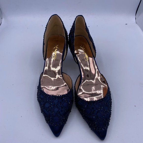 XYD Navy Pointed Toe Low Heel D'Orsay Rhinestone Studs Pump - Picture 2 of 8